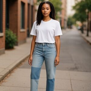LOFT Straight Leg Jeans with Patchwork and Raw Hem Size 25